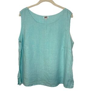 Vintage 100% Linen Tank Top Blouse Womens Large Blue Sleeveless Lagenlook Beach
